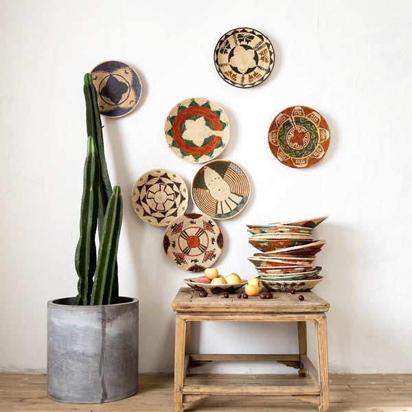 30 cm-39 cm Round Rustic Hand-woven Straw Designer Model Room Background Wall Hanging Decoration Fruit Plate Bowls